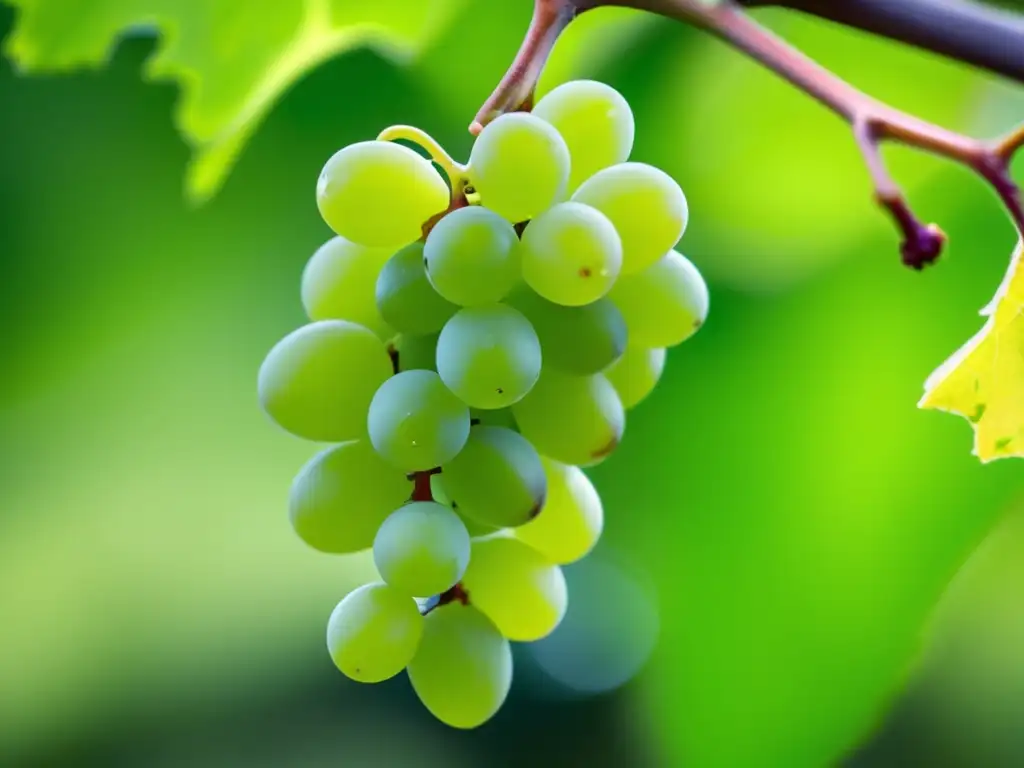 Variedades de uva Trebbiano y terroirs: Un racimo de uva Trebbiano resalta su color verde vibrante y forma única