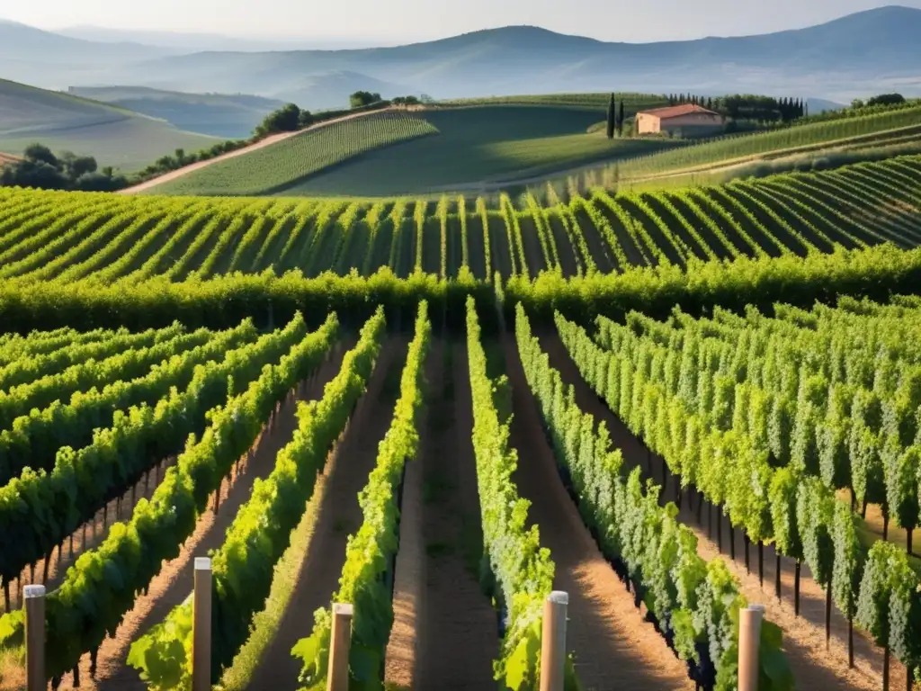 Variedades de vino Aglianico en Italia: viñedo pintoresco con filas ordenadas de vides que reflejan la esencia de la campiña italiana