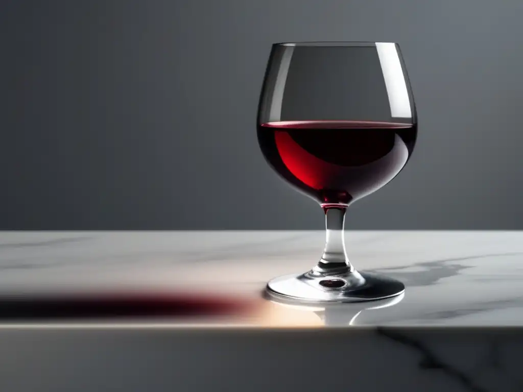 Un vaso de vino tinto seco sobre encimera de mármol blanco