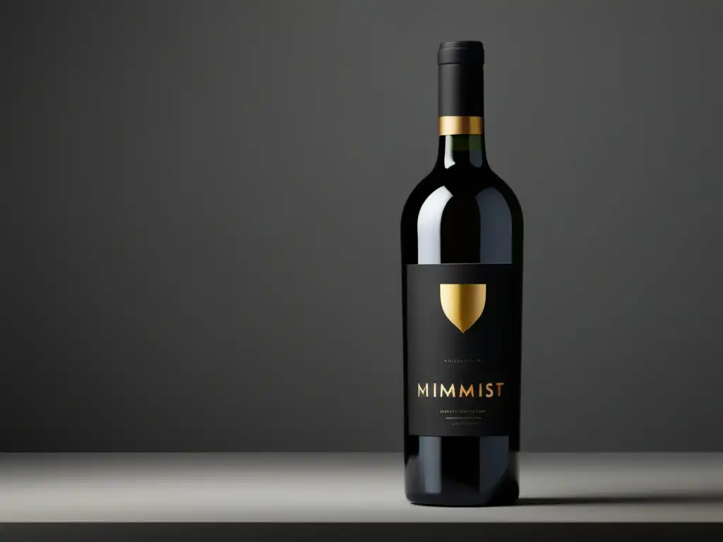 Venta online de vinos internacionales: Botella de vino negro con etiqueta elegante en diagonal, destacando la tipografía minimalista en dorado