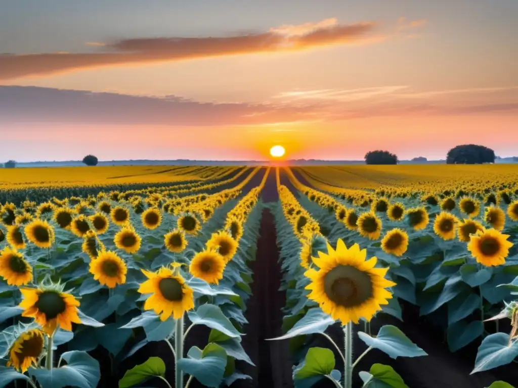 Ventajas y desafíos de la certificación biodinámica en un campo de girasoles al amanecer