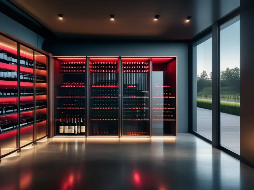 Ventajas termovinificación: moderna bodega minimalista con vinos rojos jóvenes y elegantes etiquetas, iluminación sutil y suelos de concreto pulido