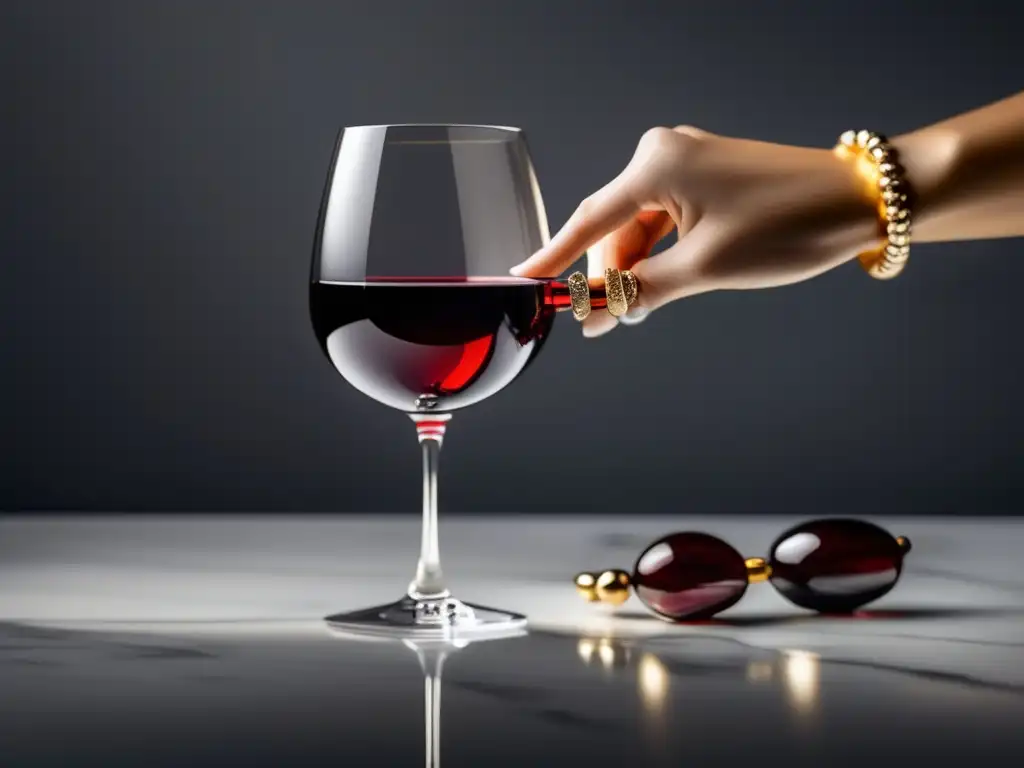 Copa de vino tinto vibrante en mano con pulsera dorada y fondo de mármol blanco