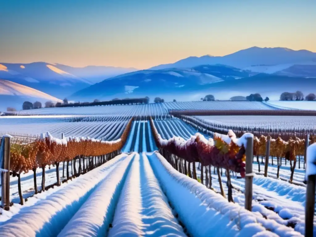 Vides de icewine canadiense con uvas congeladas, belleza natural con montañas nevadas y cielo azul