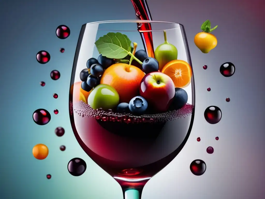 Vínculo artritis y vino: imagen de vino tinto rodeado de frutas y verduras vibrantes, simbolizando prevención de artritis con antioxidantes