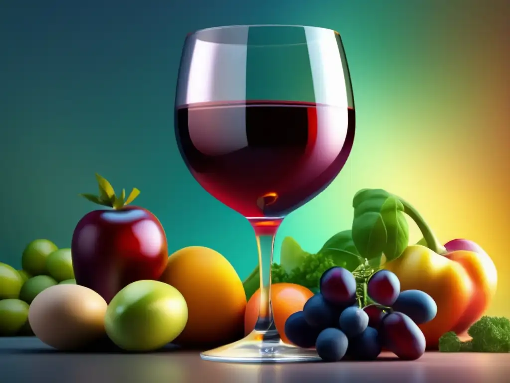 Vínculo prevención artritis y vino: ilustración 8k detallada de copa de vino con frutas y vegetales coloridos