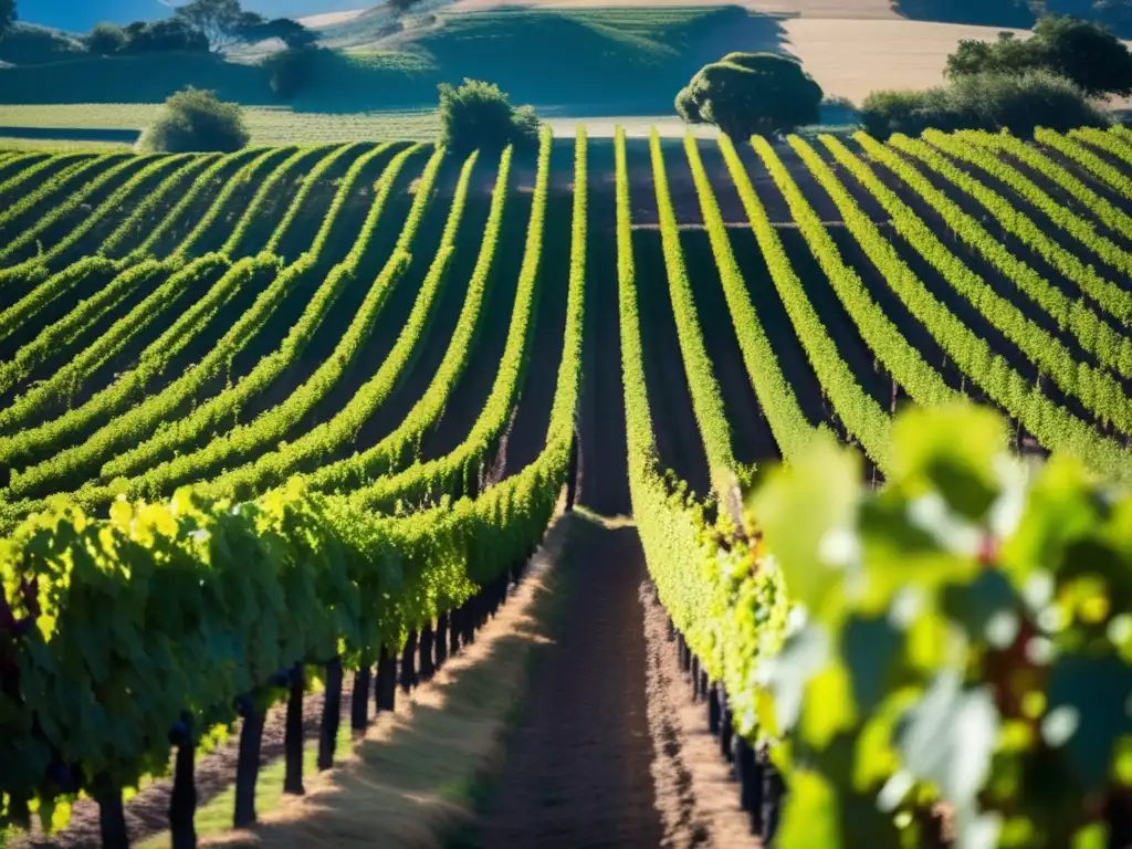 Un viñedo argentino con filas de vides de Malbec, resaltando la belleza natural de la viticultura