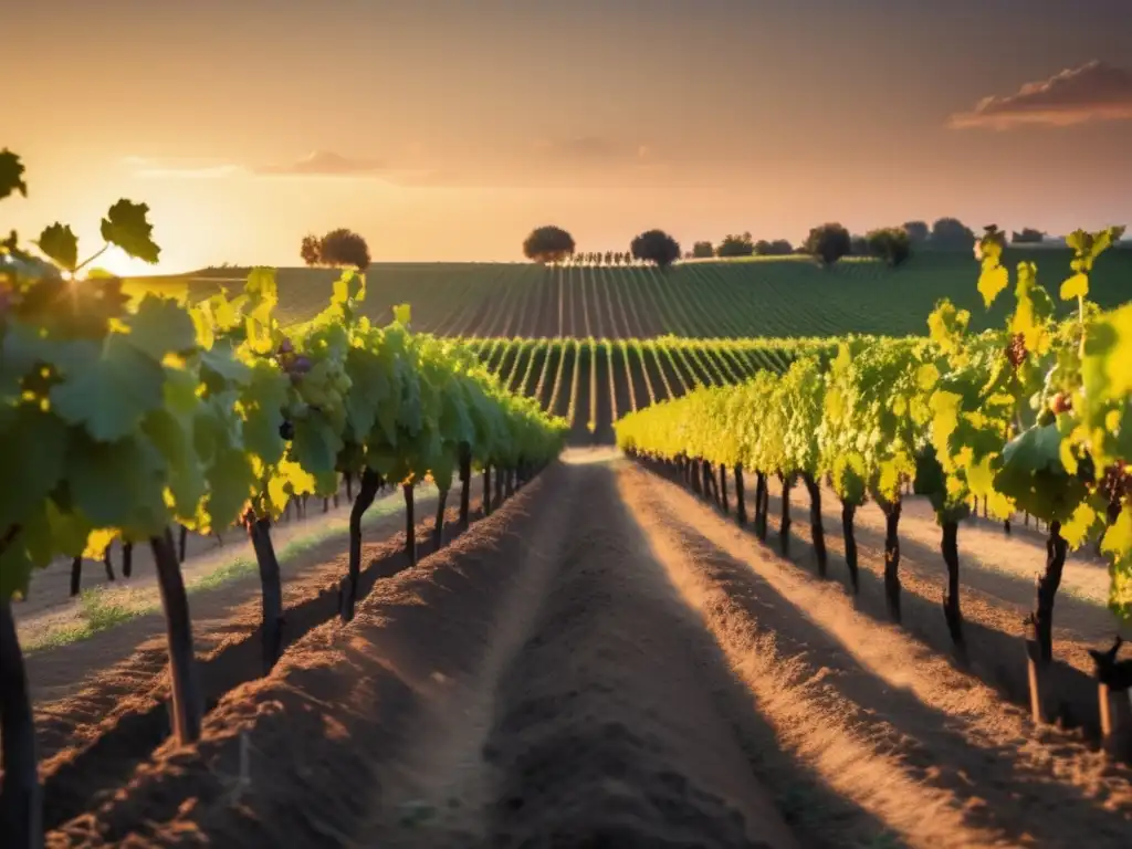 Viñedo al atardecer, simbolizando belleza natural y producción de vinos veganos