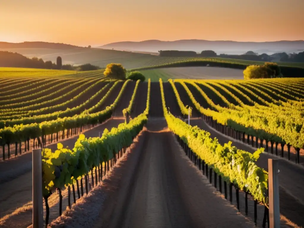 Viñedo al atardecer, belleza natural y cambios en la composición del vino por clima