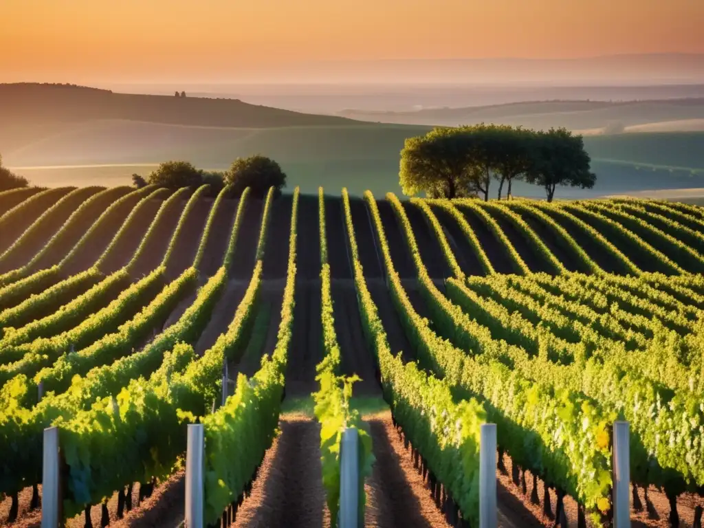 Viñedo al atardecer, belleza natural y capital privado en viticultura social