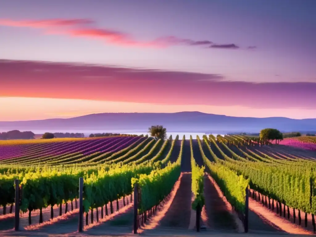 Viñedo al atardecer refleja belleza serena y cambio climático en regiones vinícolas