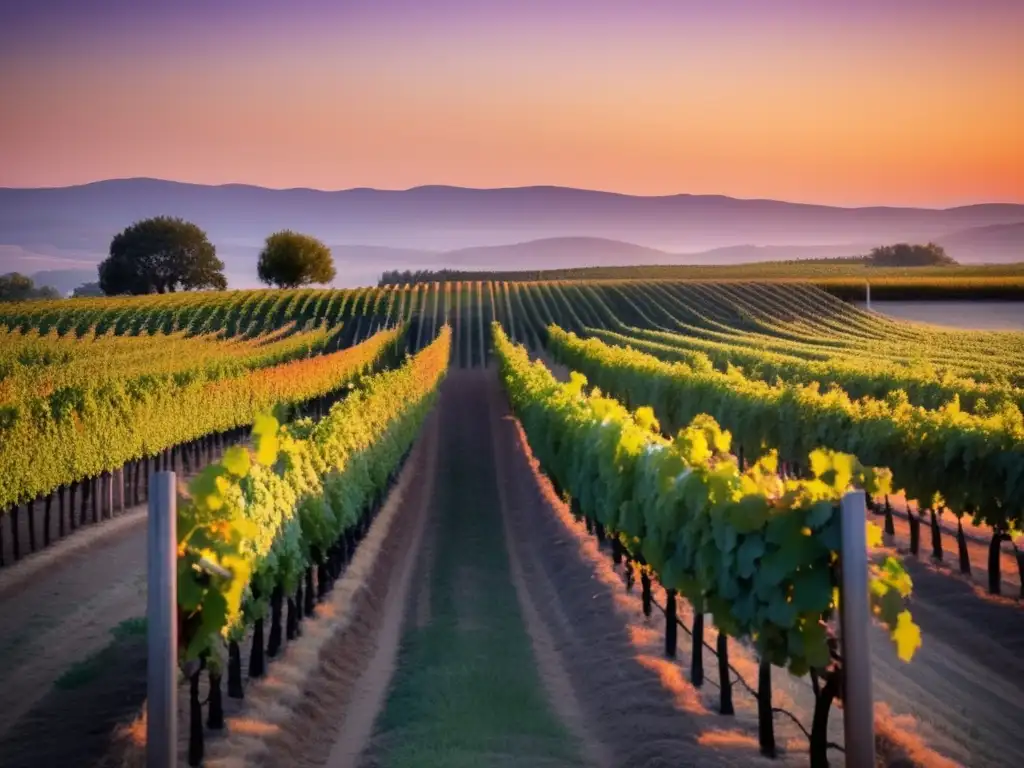 Viñedo al atardecer, belleza y trabajo en el mantenimiento de la calidad del vino