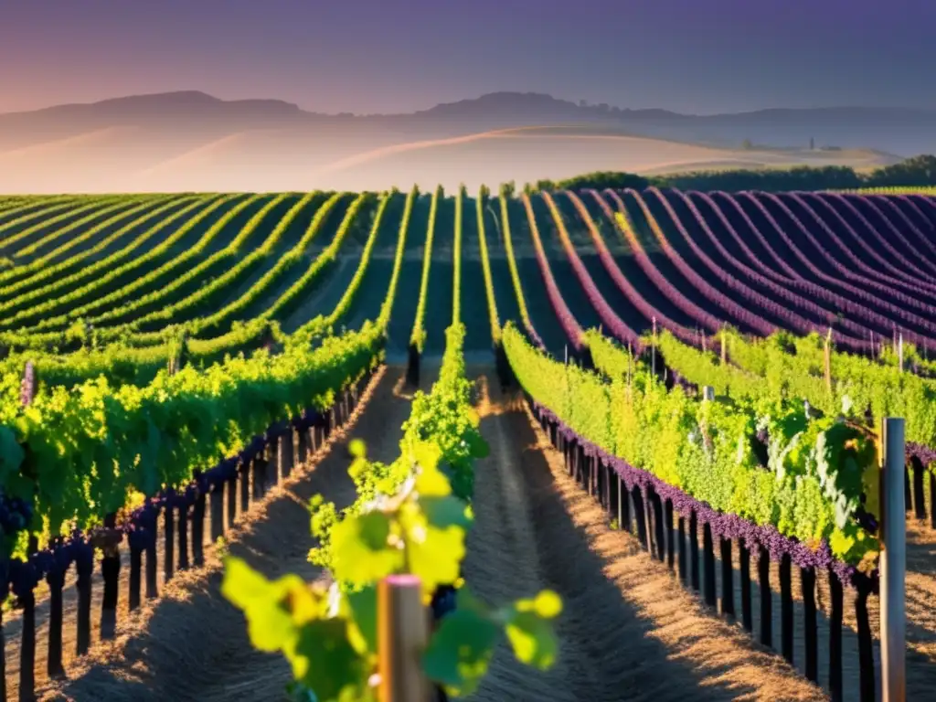 Viñedo al atardecer con Petit Verdot en blends de Burdeos