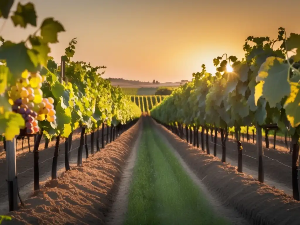 Un viñedo al atardecer, con filas de exuberantes vides verdes que se extienden hacia el horizonte