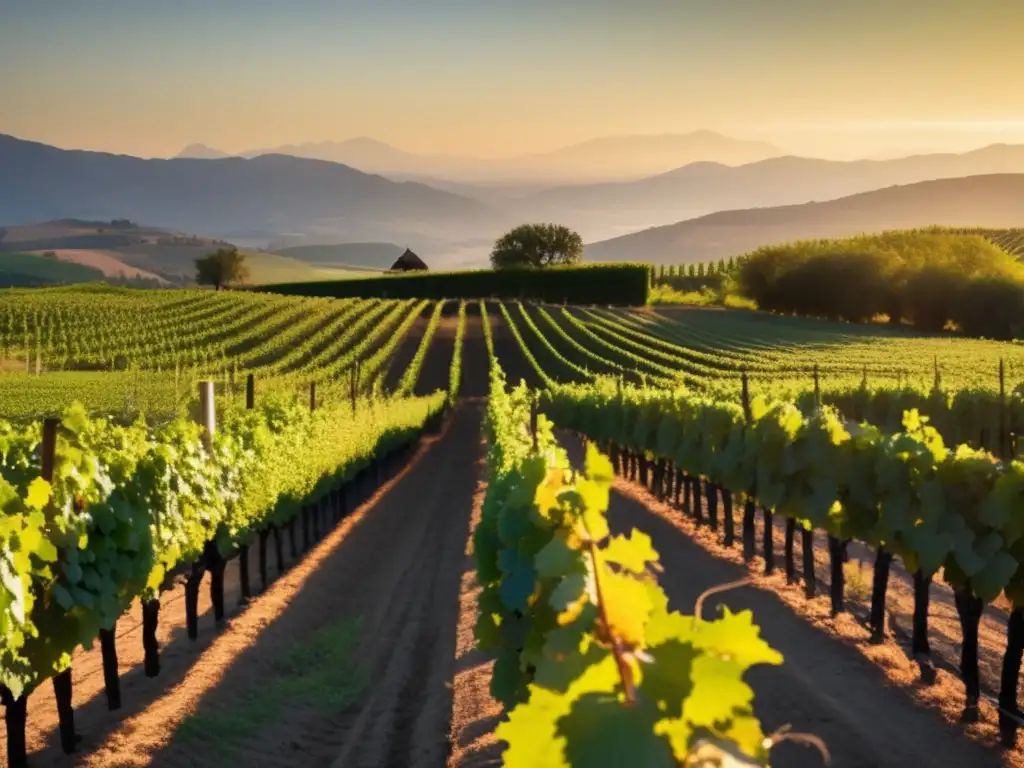 Viñedo al atardecer, con filas de uvas y montañas al fondo