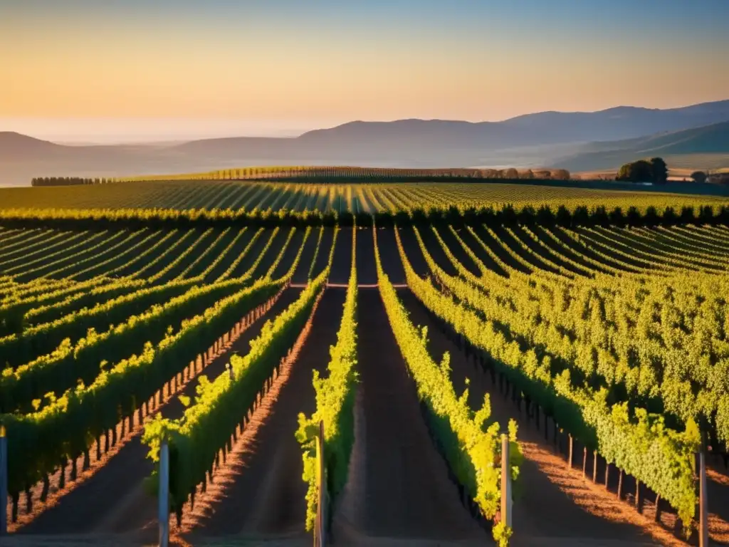 Viñedo al atardecer con filas de uvas, resalta la armonía entre naturaleza e inversión privada en viticultura social