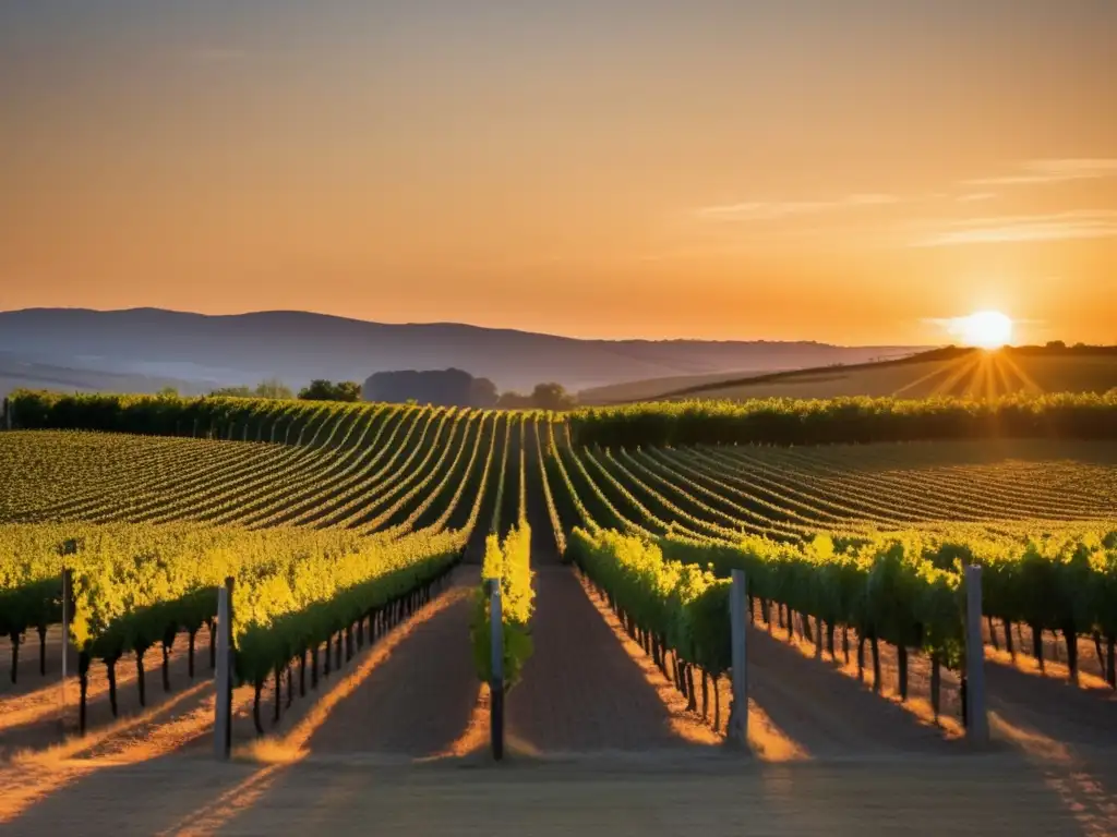 Viñedo al atardecer, filas de vides en armonía, serenidad natural y elegancia mínima