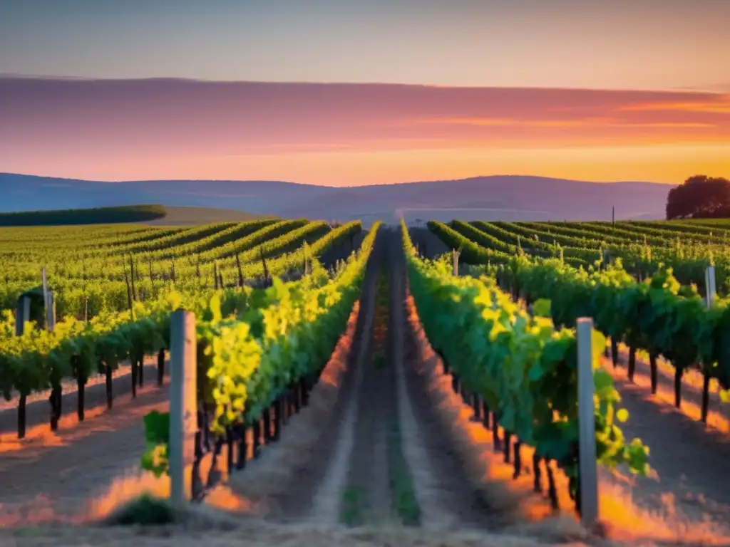 Viñedo al atardecer, con filas de vides verdes y cielo cálido