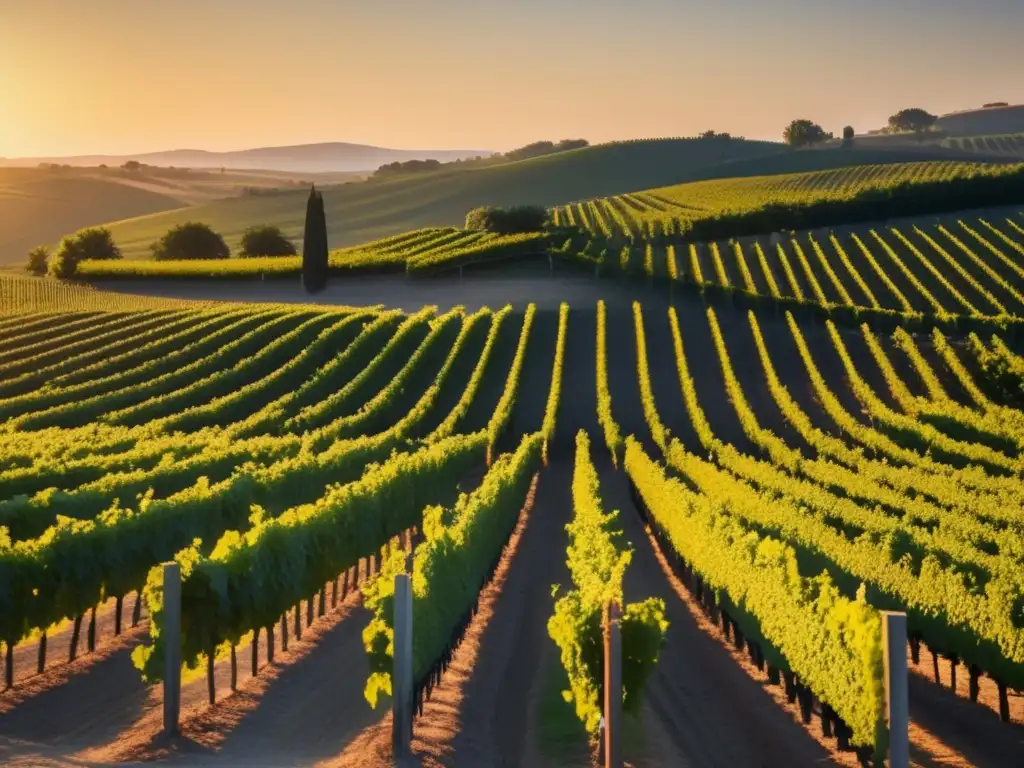 Viñedo al atardecer, con hileras de vides alineadas y cálida luz dorada