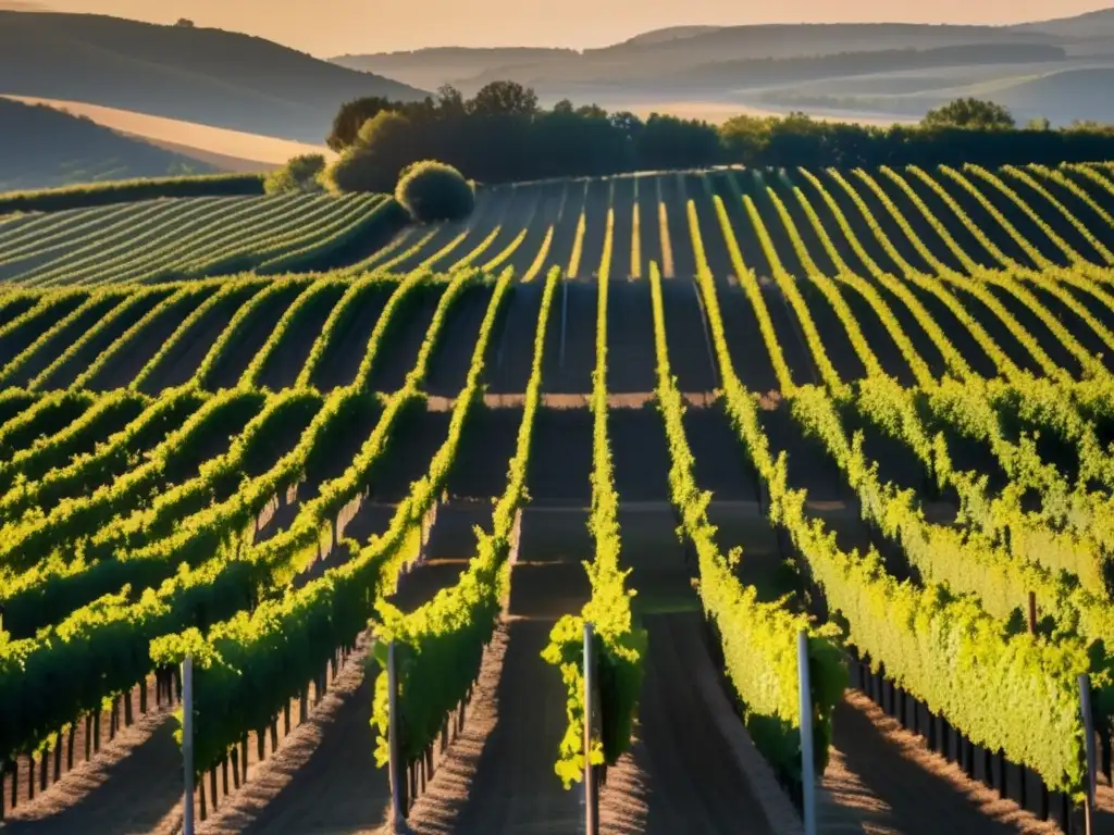 Viñedo al atardecer, luz dorada, detalle y simetría