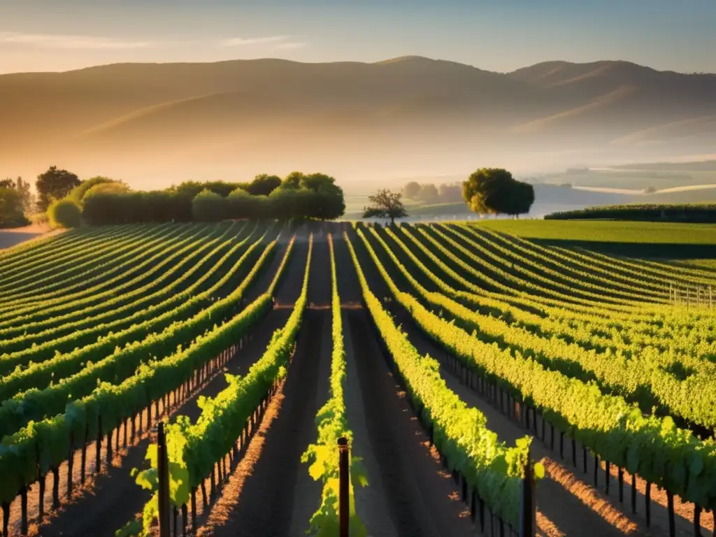 Viñedo al atardecer, luz dorada resaltando belleza y armonía del terroir