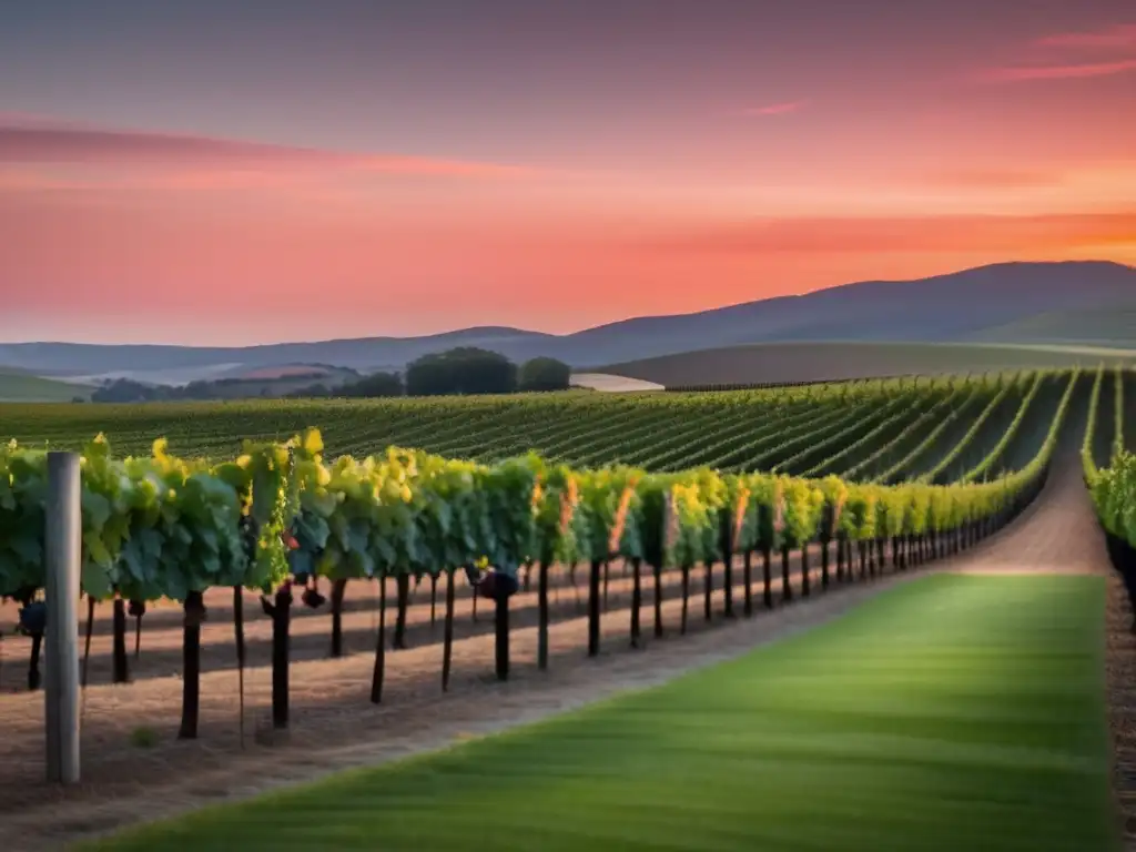 Viñedo al atardecer, vino tinto y reducción de estrés