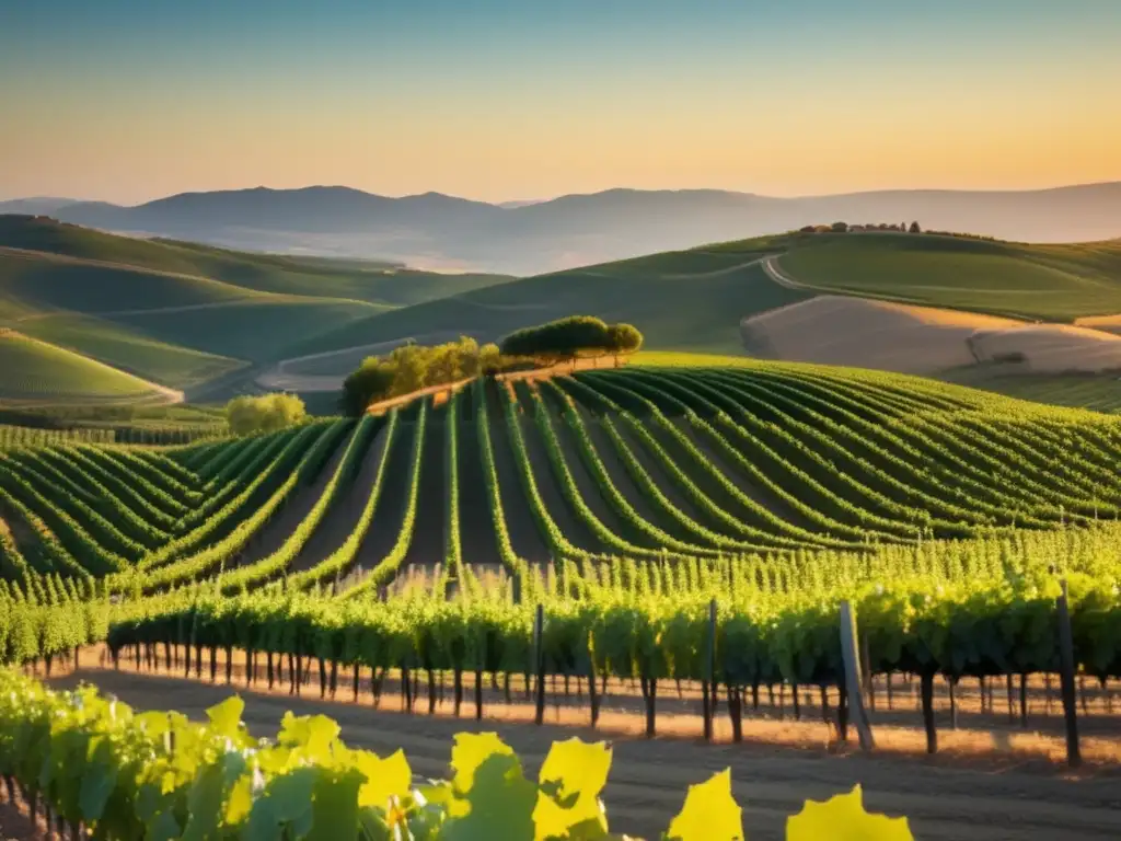 Viñedo español al atardecer resaltando la rivalidad Francia-España en el vino