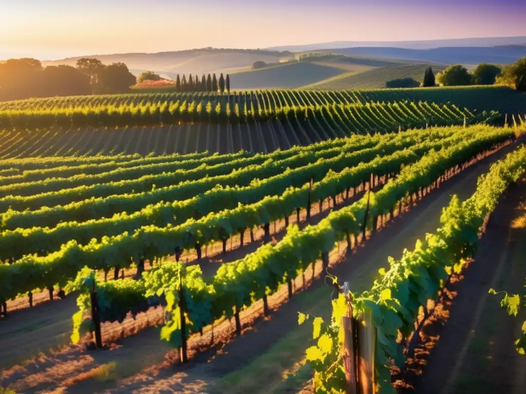 Viñedo al atardecer: Técnicas innovadoras producción vinos sin alcohol