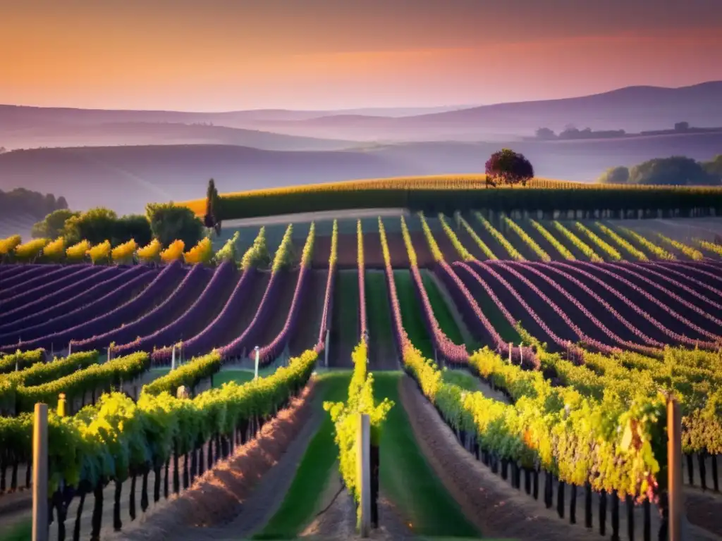 Viñedo al atardecer, con uvas maduras y cambios climáticos en la composición del vino