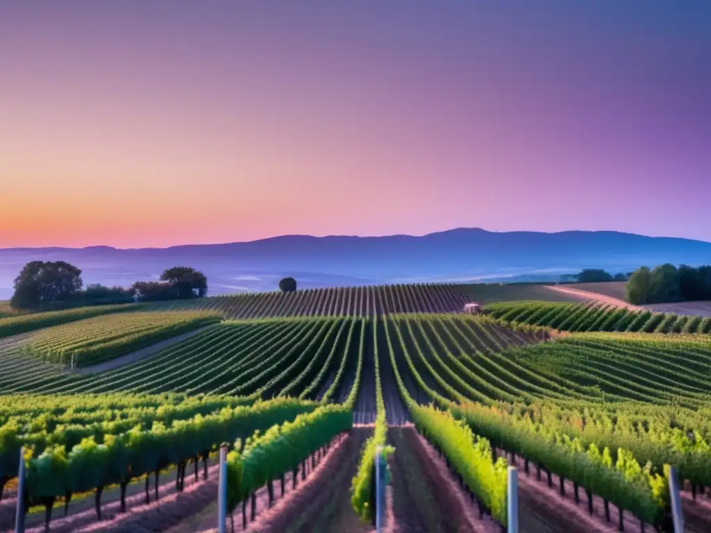 Un viñedo al atardecer, con uvas seleccionadas y trabajadores