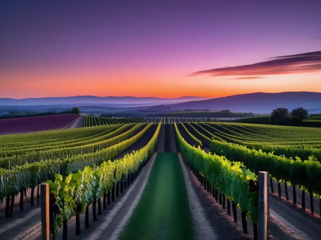 Viñedo al atardecer, con vides en contraste con el cielo