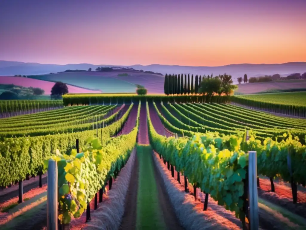 Un viñedo al atardecer, con vides verdes que se extienden hacia el horizonte