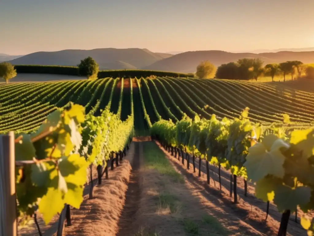 Un viñedo al atardecer, con vides verdes y la belleza natural del paisaje