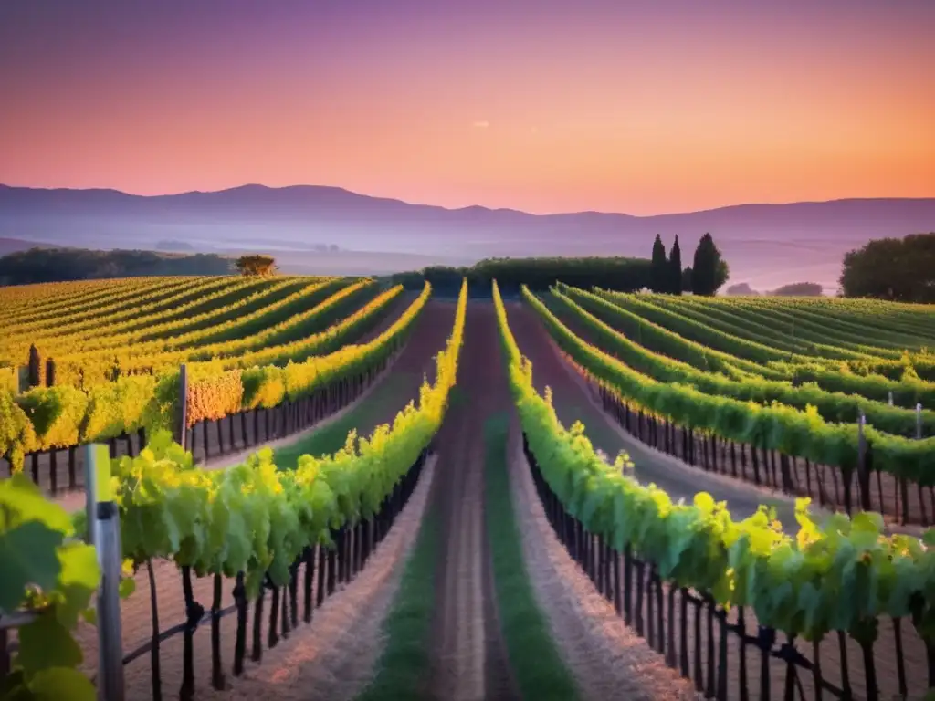 Viñedo al atardecer, vides verdes hacia el horizonte