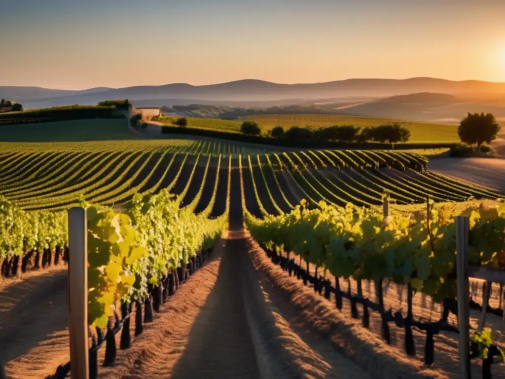 Viñedo al atardecer con viñedos alineados y luz dorada