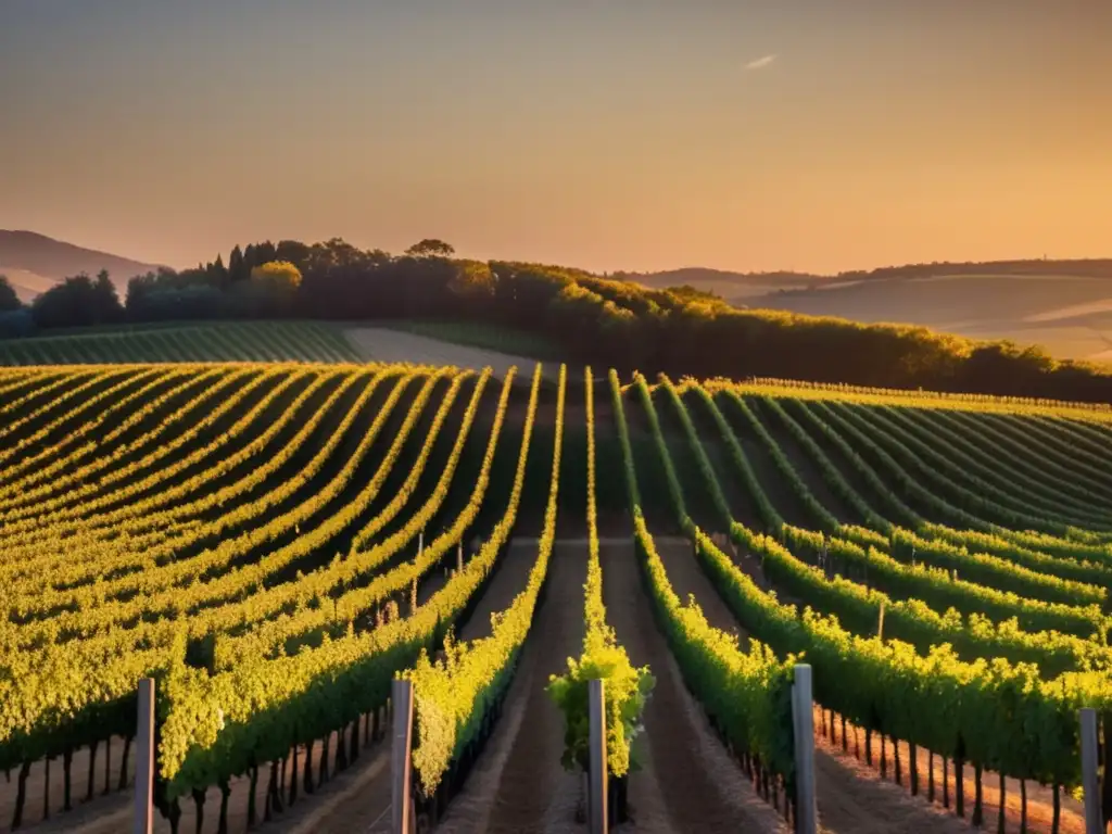 Viñedo al atardecer, con viñedos alineados y cálida luz dorada