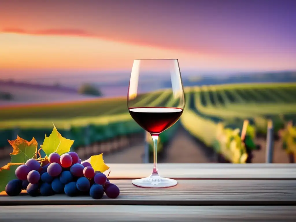 Viñedo al atardecer con vino y relajación: La relación entre consumo vino y reducción estrés