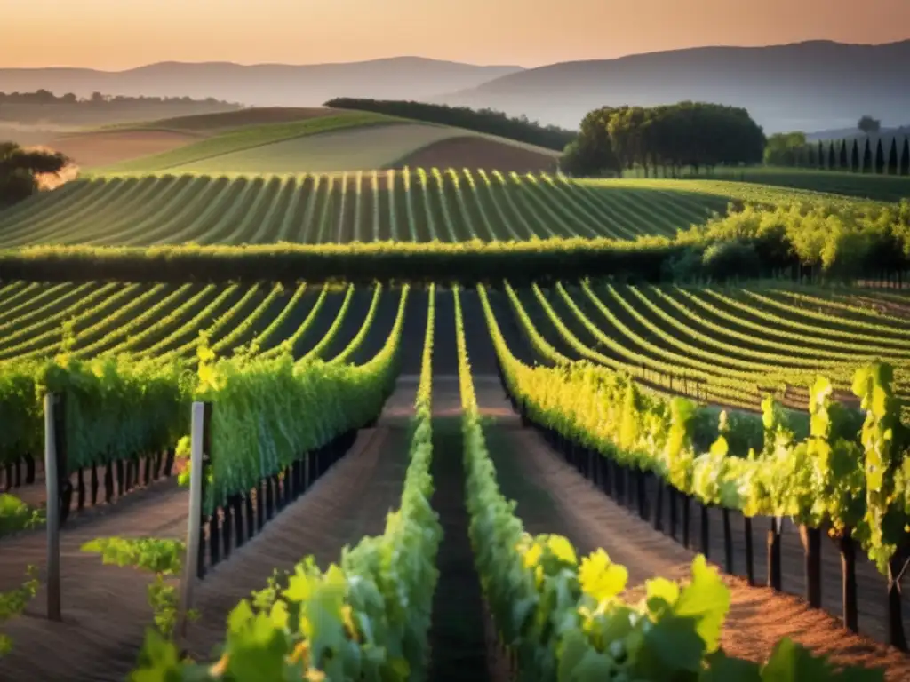 Un viñedo exuberante al atardecer, con filas ordenadas de vides que se extienden hasta el horizonte