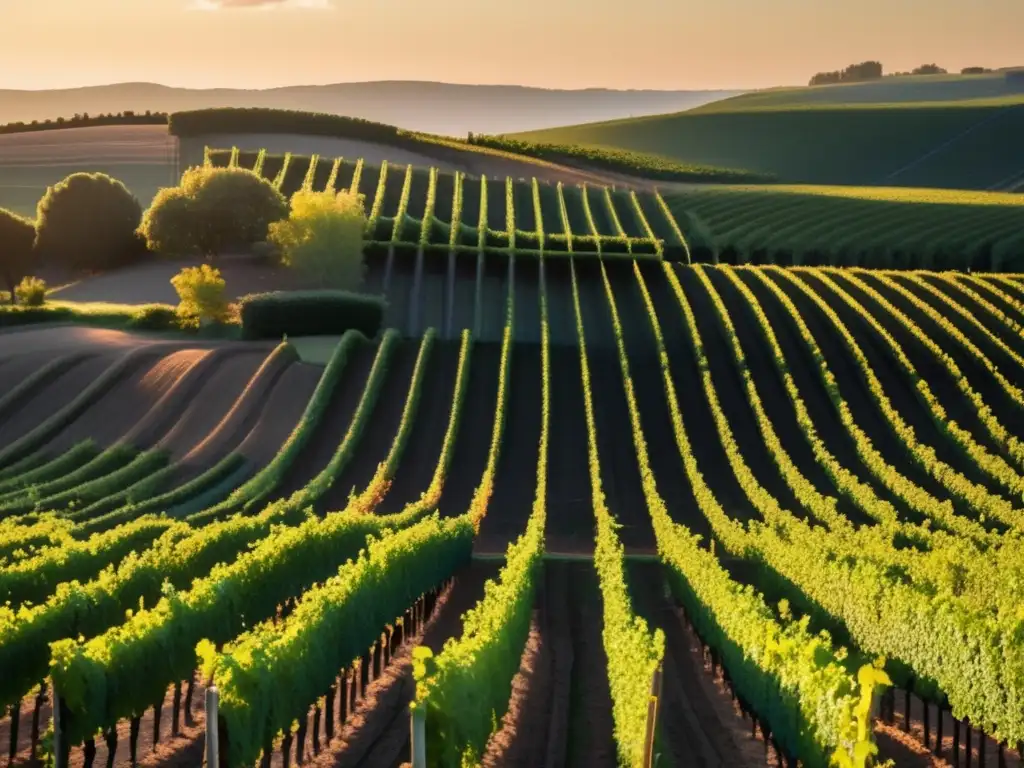 Un viñedo familiar tradicional al atardecer, con filas de vides verdes y sombras largas, evocando belleza y tranquilidad