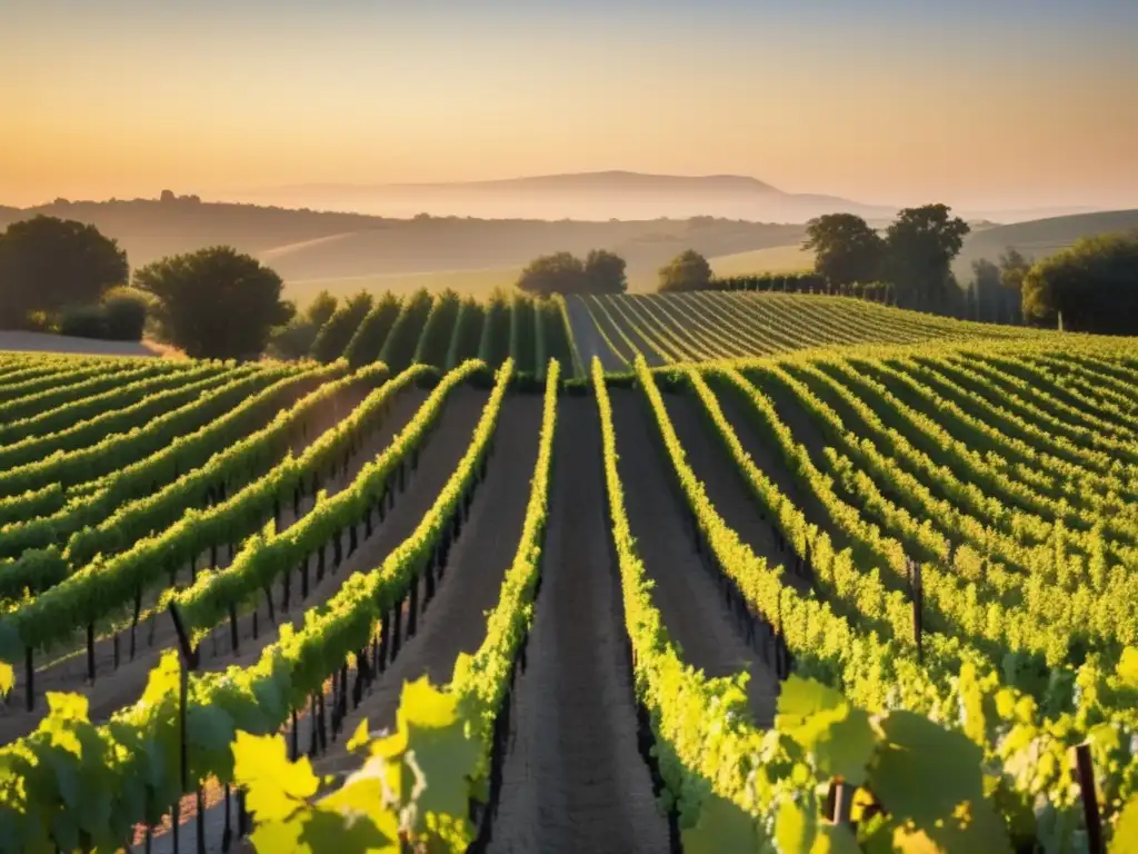 Viñedo al amanecer con filas perfectamente alineadas de vides, resaltando la belleza y precisión de Gerard Basset en enología