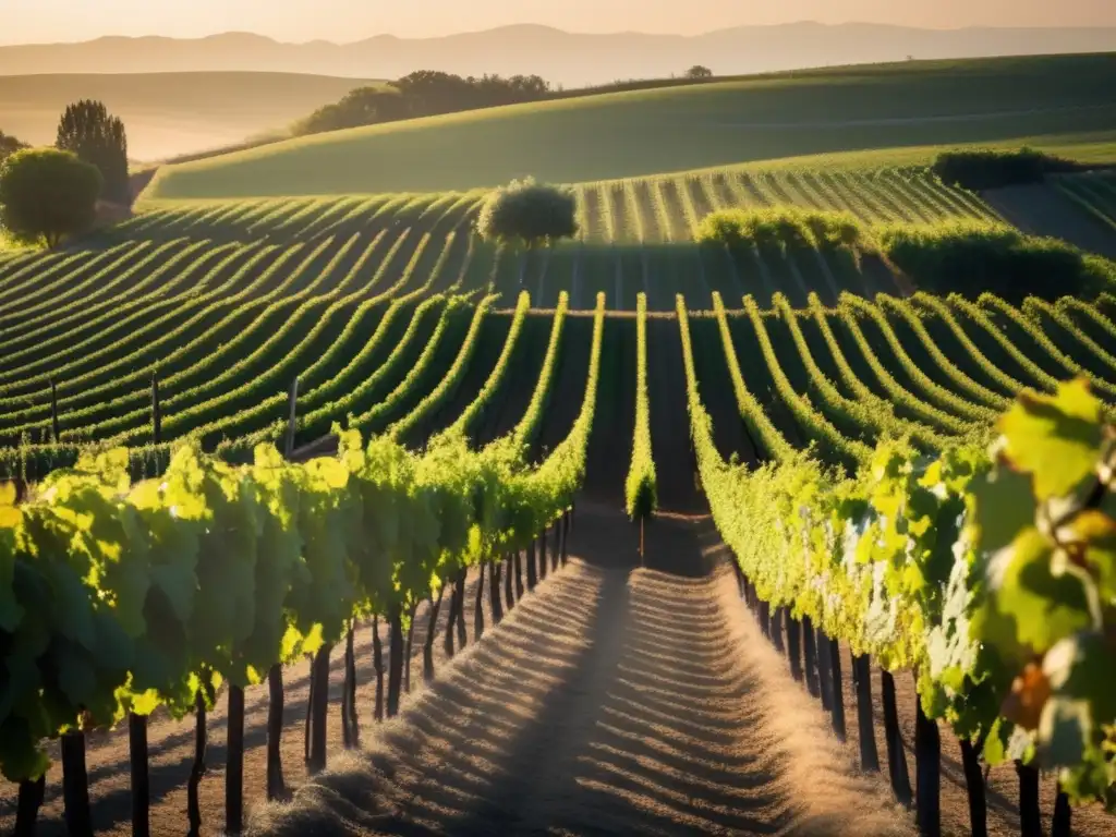 Viñedo al amanecer, con filas de exuberantes viñedos verdes