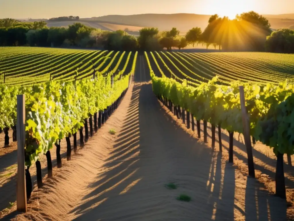 Viñedo al amanecer, filas infinitas de vides verdes bajo el sol