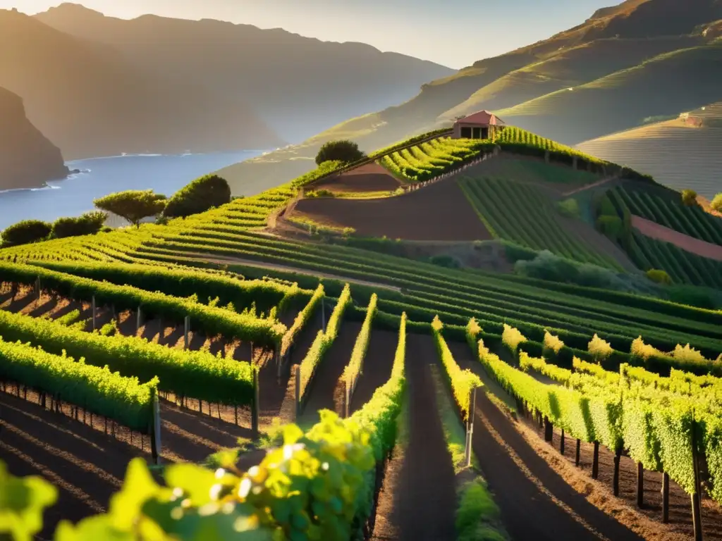 Viñedo en Madeira, Portugal, con filas de uvas y una bodega encantadora