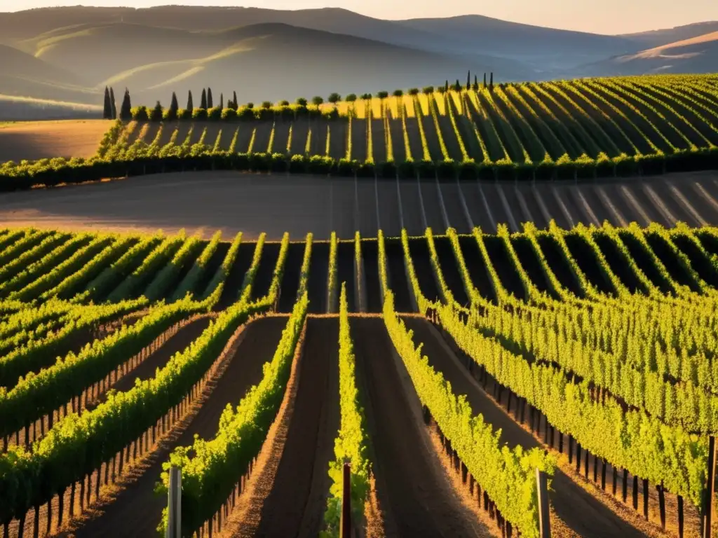 Viñedo de garnacha al atardecer, con filas de vides que se extienden hacia el horizonte