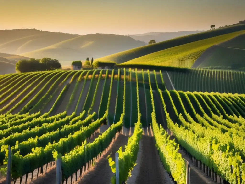 Viñedo histórico al atardecer, destacando la belleza de la producción de Chardonnay en los mejores viñedos del mundo