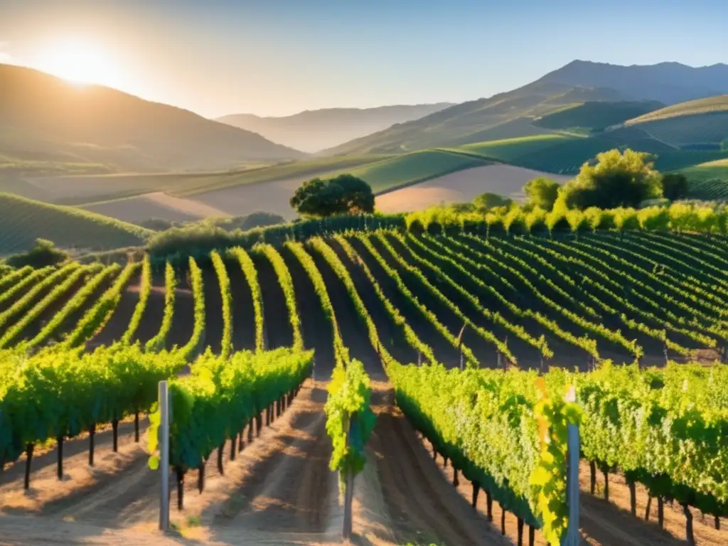 Un viñedo impecable en la región del Valle del Ródano, con filas de exuberantes viñedos verdes que se extienden hacia el horizonte