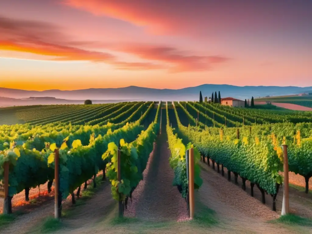 Un viñedo italiano pintoresco durante el atardecer, con filas de exuberantes vides verdes que se extienden hasta el horizonte