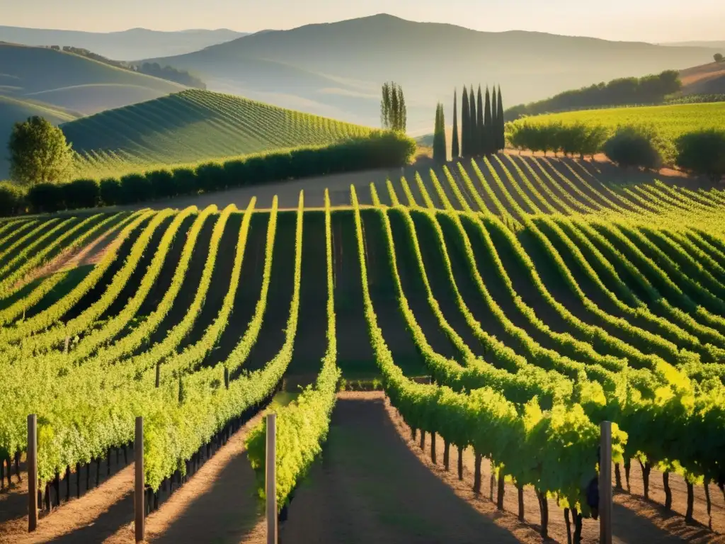 Formación de sommelier: educación y profesión - Viñedo minimalista al atardecer con vides alineadas, follaje verde y racimos de uvas maduras