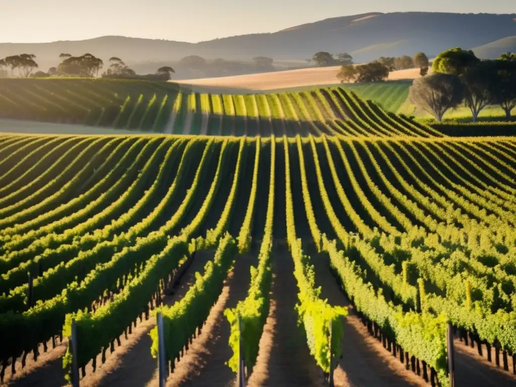 Tradición vitivinícola en Penfolds: Viñedo minimalista en Australia, bañado en cálida luz dorada