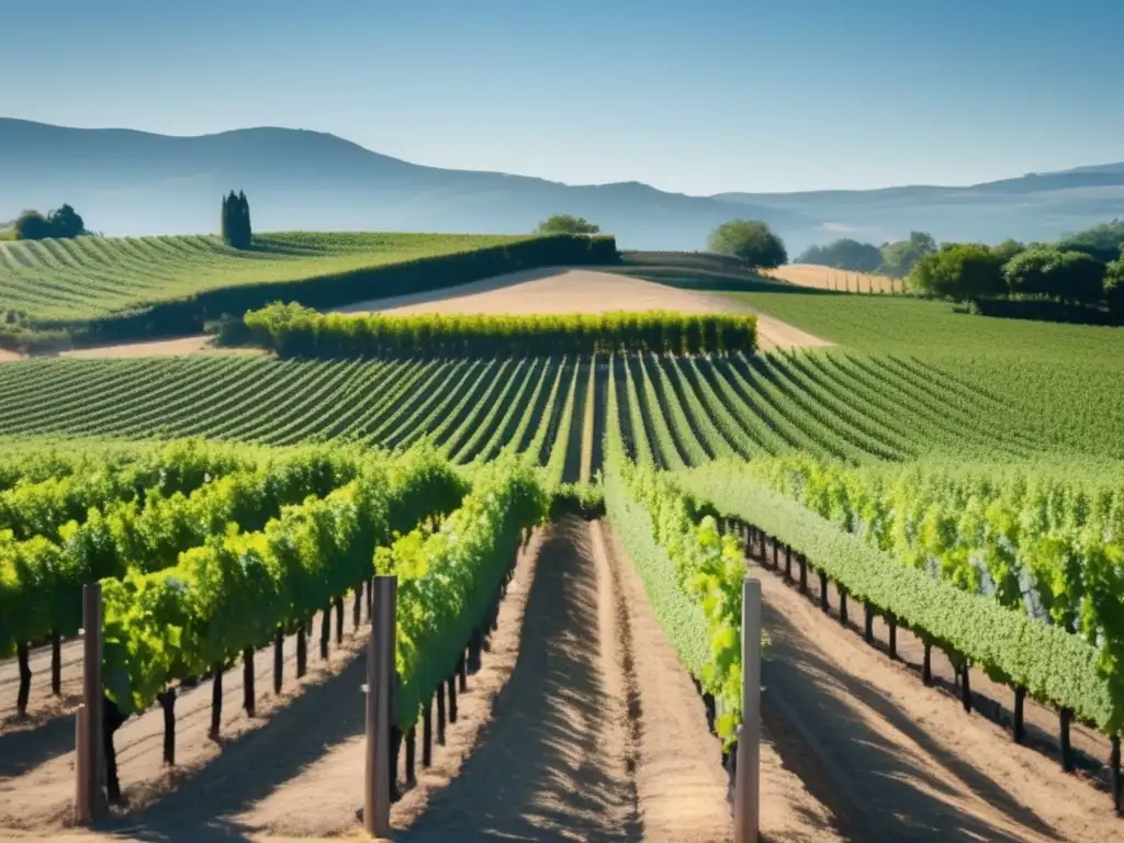 Viñedo minimalista bajo cielo azul, con vides alineadas y entorno verde